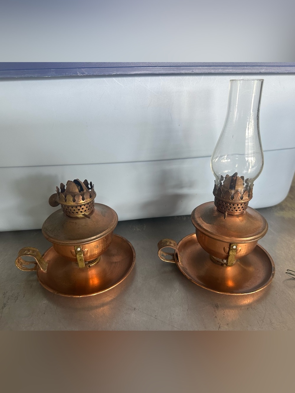 Pair of Vintage Mini Copper Table Oil Lamps
W/1 Chimney - Swivel To Hang On Wall